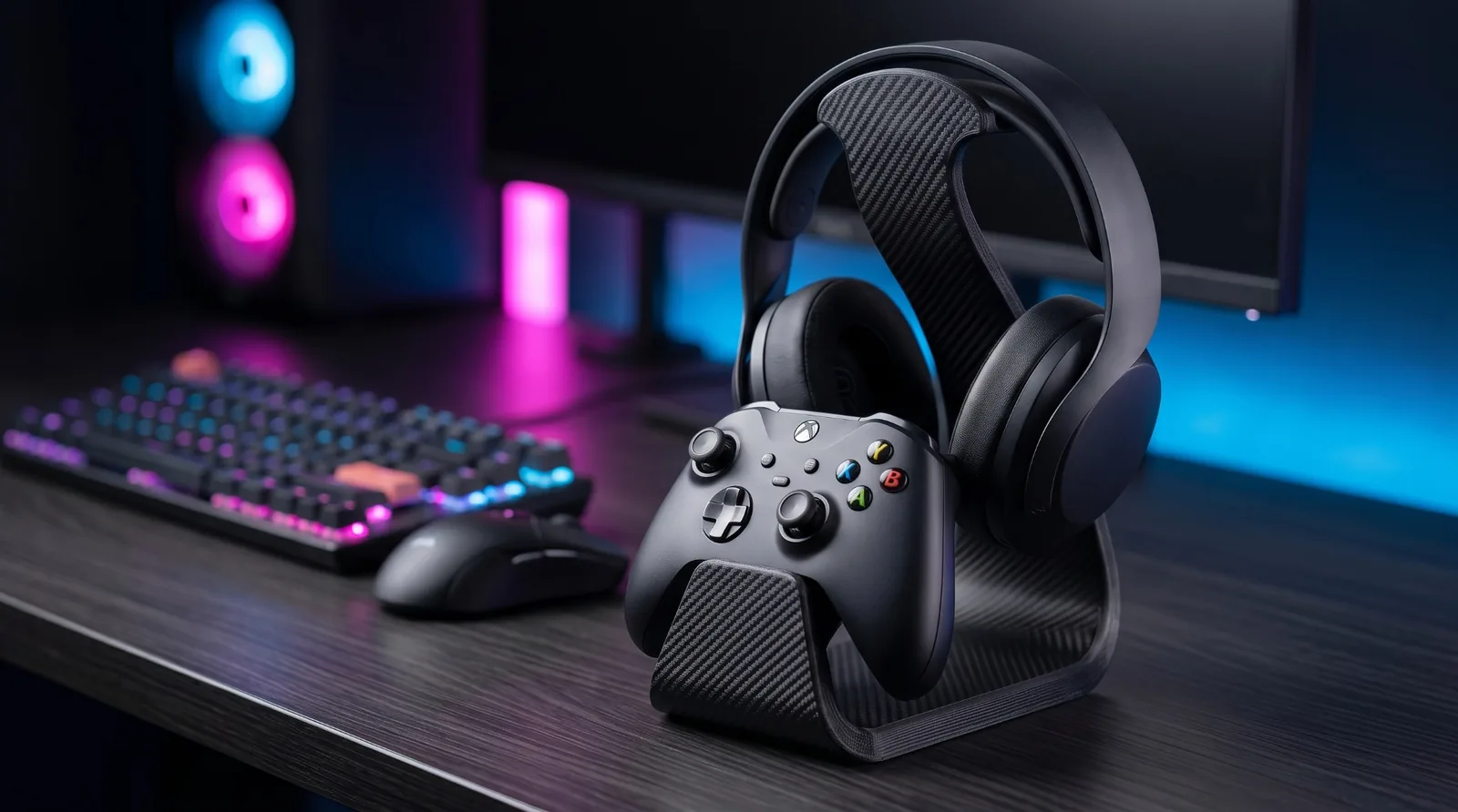 Suporte de headset e controle gamer impresso em 3D em setup premium