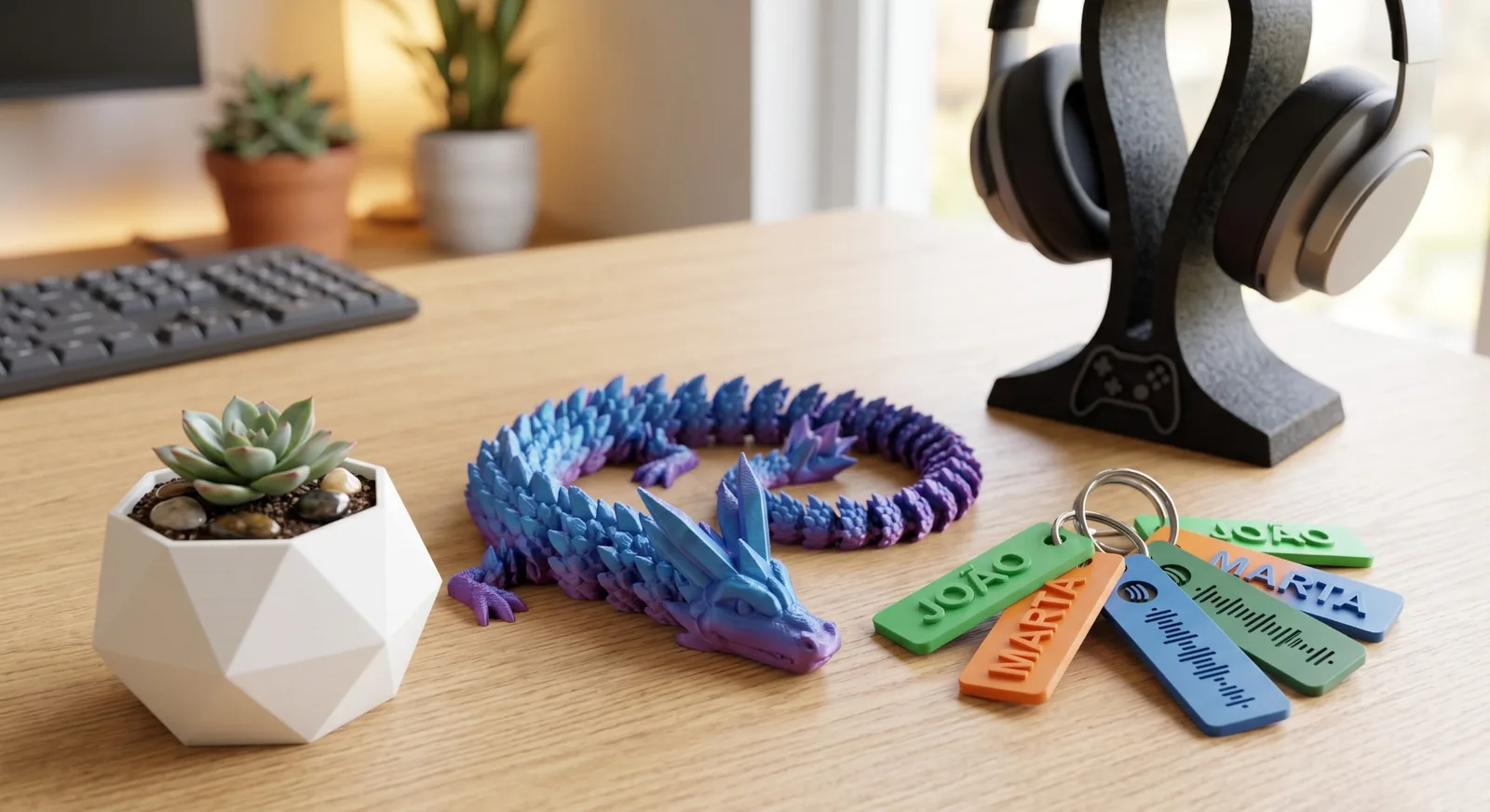 Dragão decorativo e chaveiros personalizados produzidos em impressão 3D